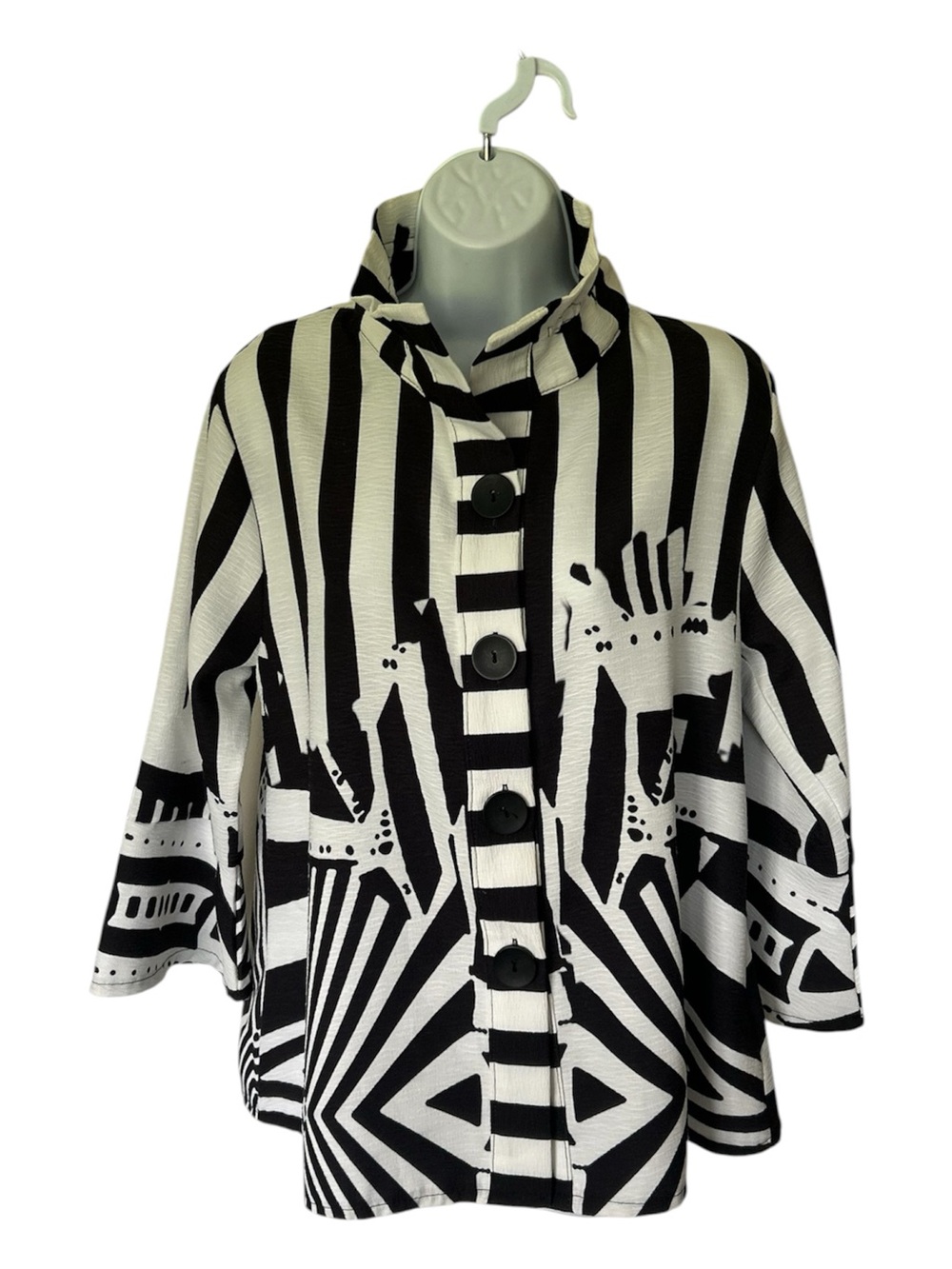 Damee Swing Jacket Black Ivory Abstract Geometric Wire Collar Artsy Excellent S - Picture 2 of 9